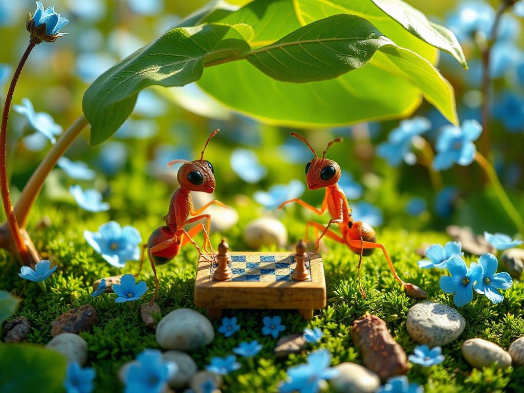 Pixar Style Ants Play Chess Under Leaf