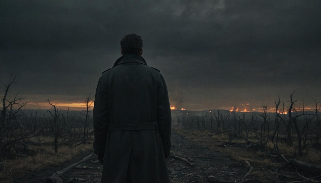 Surreal Horror Landscape with Figure in Long Coat