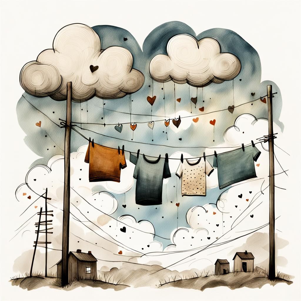 Whimsical Clothesline Sketch with Clouds and Hearts