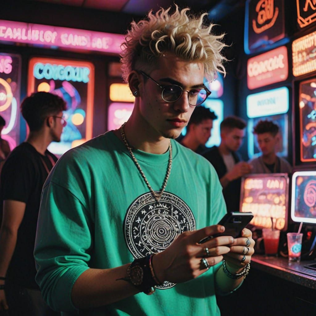 Grunge Guy Under Neon Lights