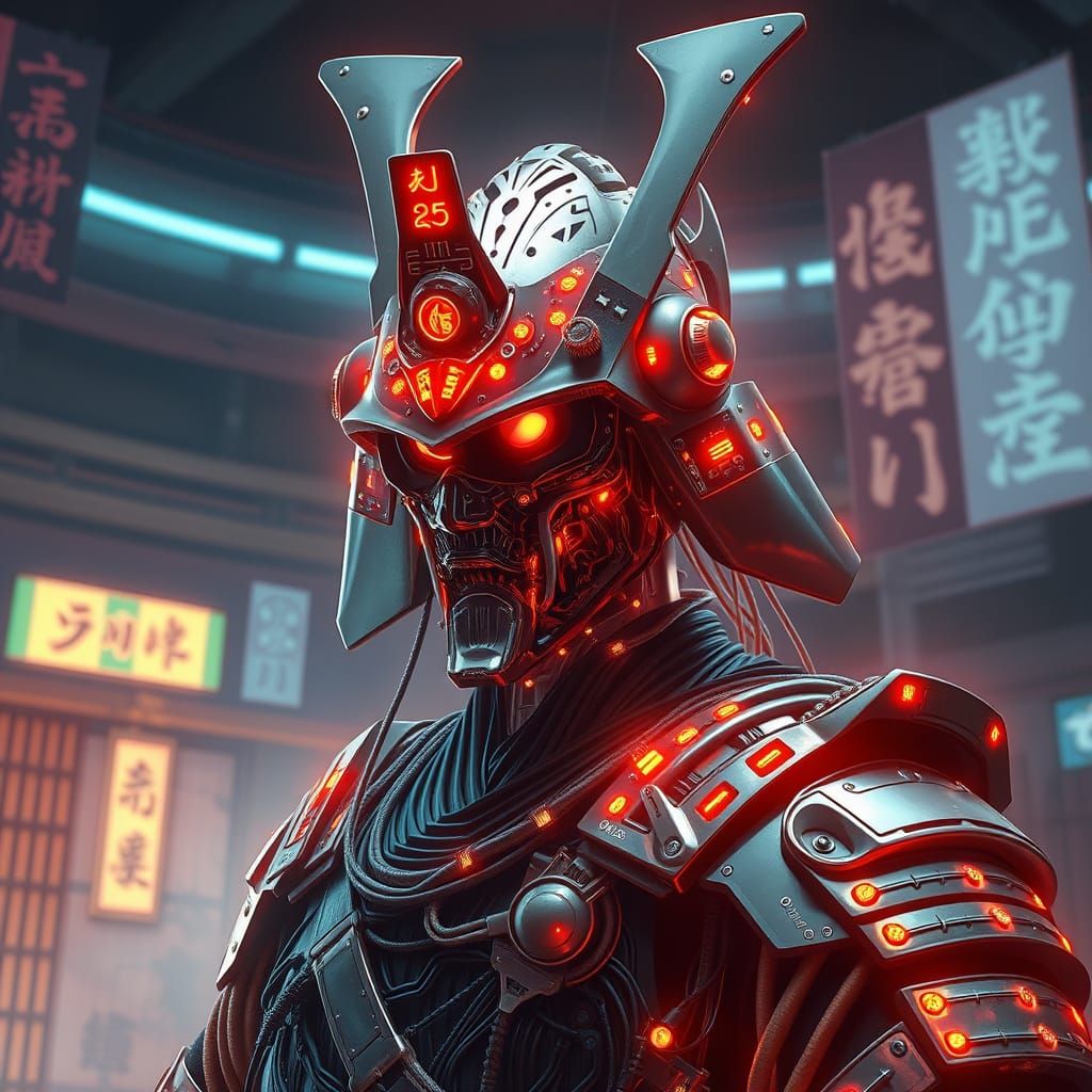 Cyborg Samurai in Futuristic Dojo: Hyperrealistic Cyberpunk ...