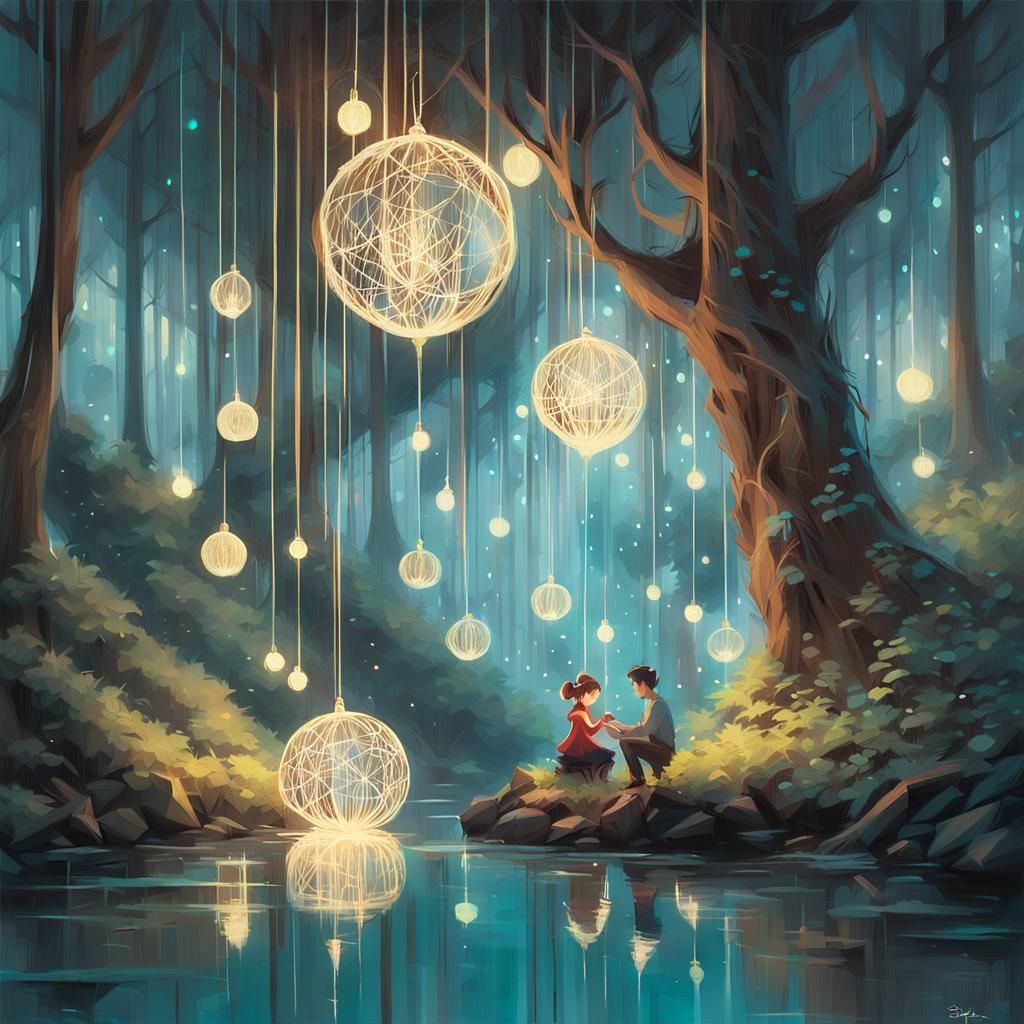 Magical String Art Forest with Glowing Trees