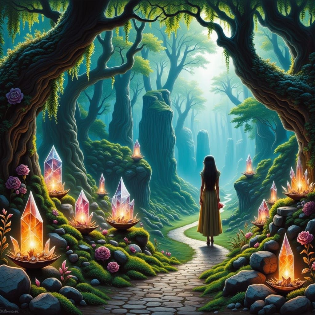 Woman on Crystal Path in Art Nouveau Style