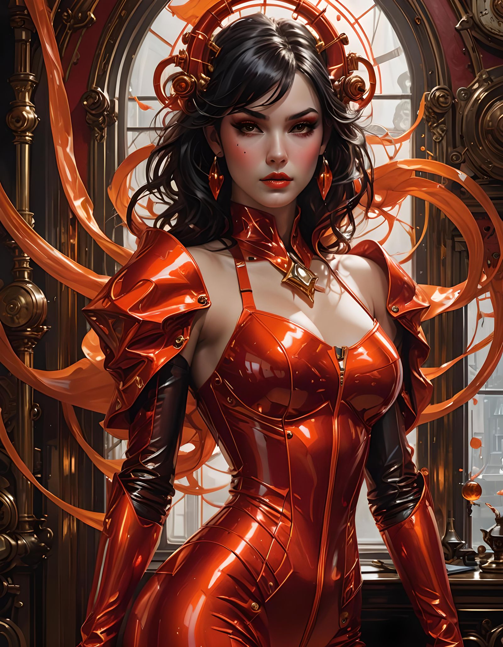 Stunning Portrait of Woman in Red Cornet, Splash Art