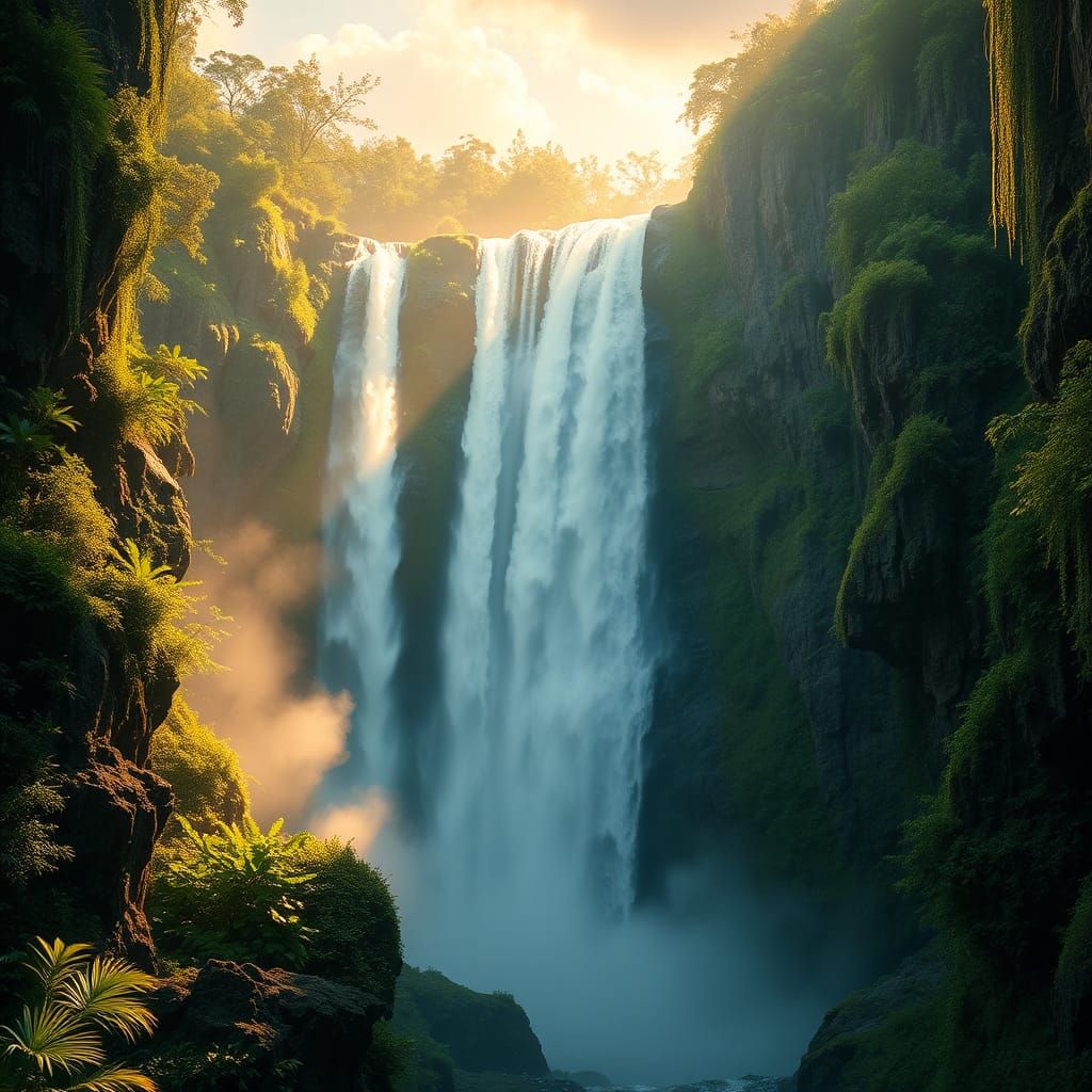Majestic Nigerian Waterfall in Golden Hour Glow