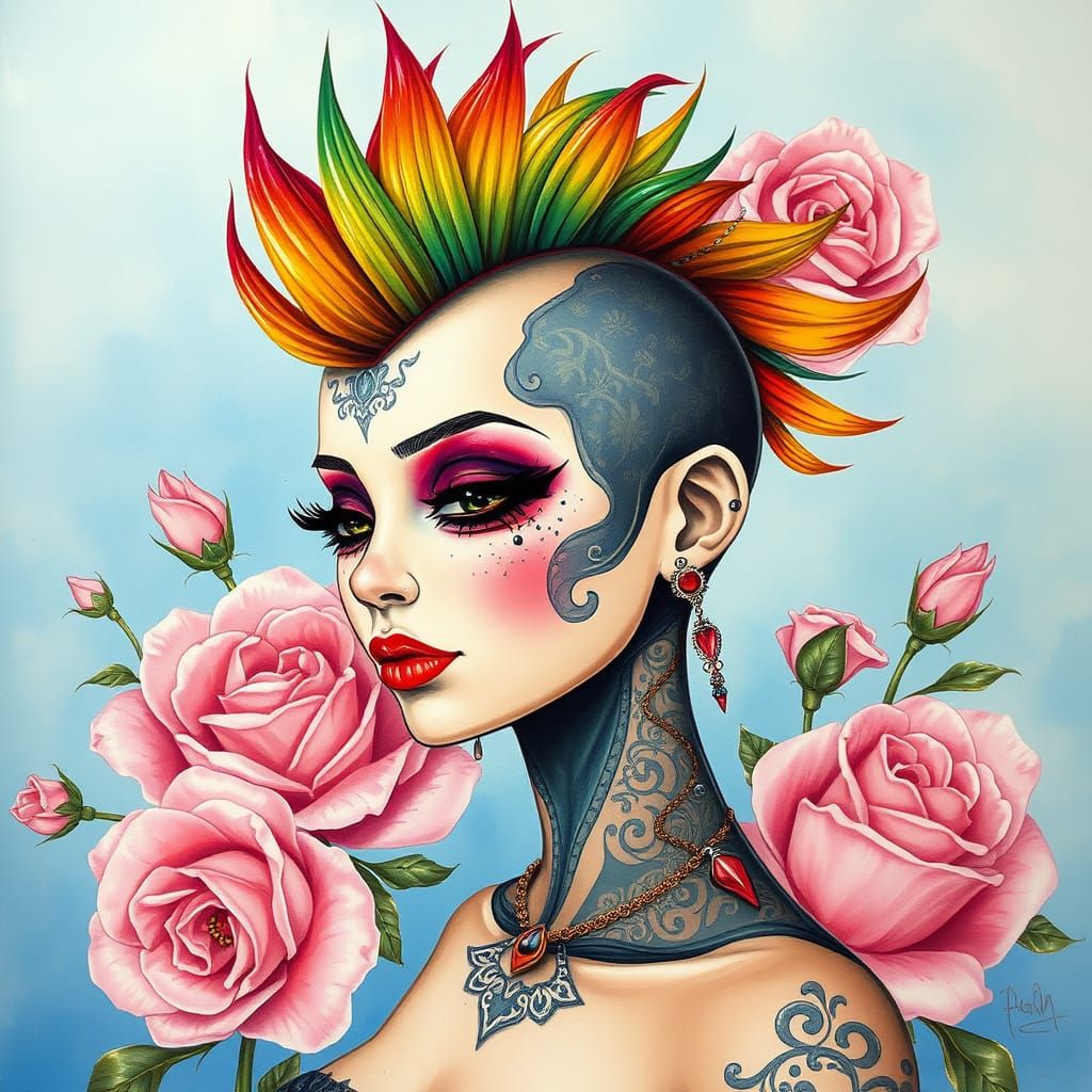Ethereal Lady with Rainbow Mohawk and Pink Roses in Dreamy W...