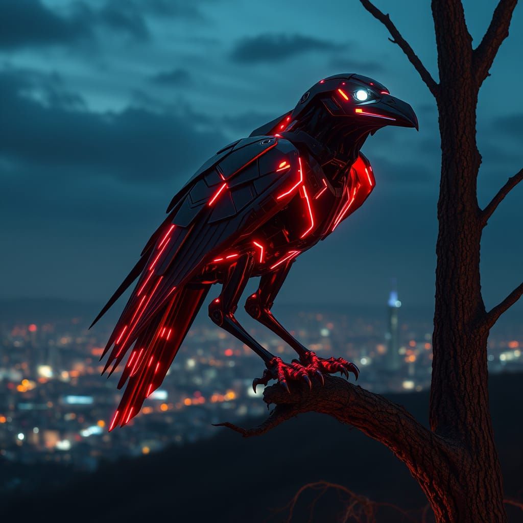 Metallica Robot Raven Perched in City Night