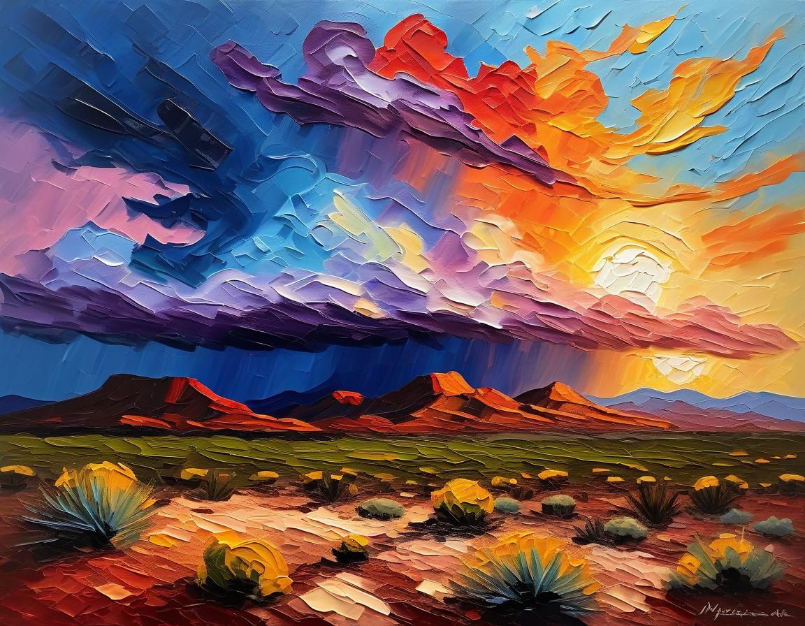 Desert Landscape with Thunderstorm: An Impasto Painting