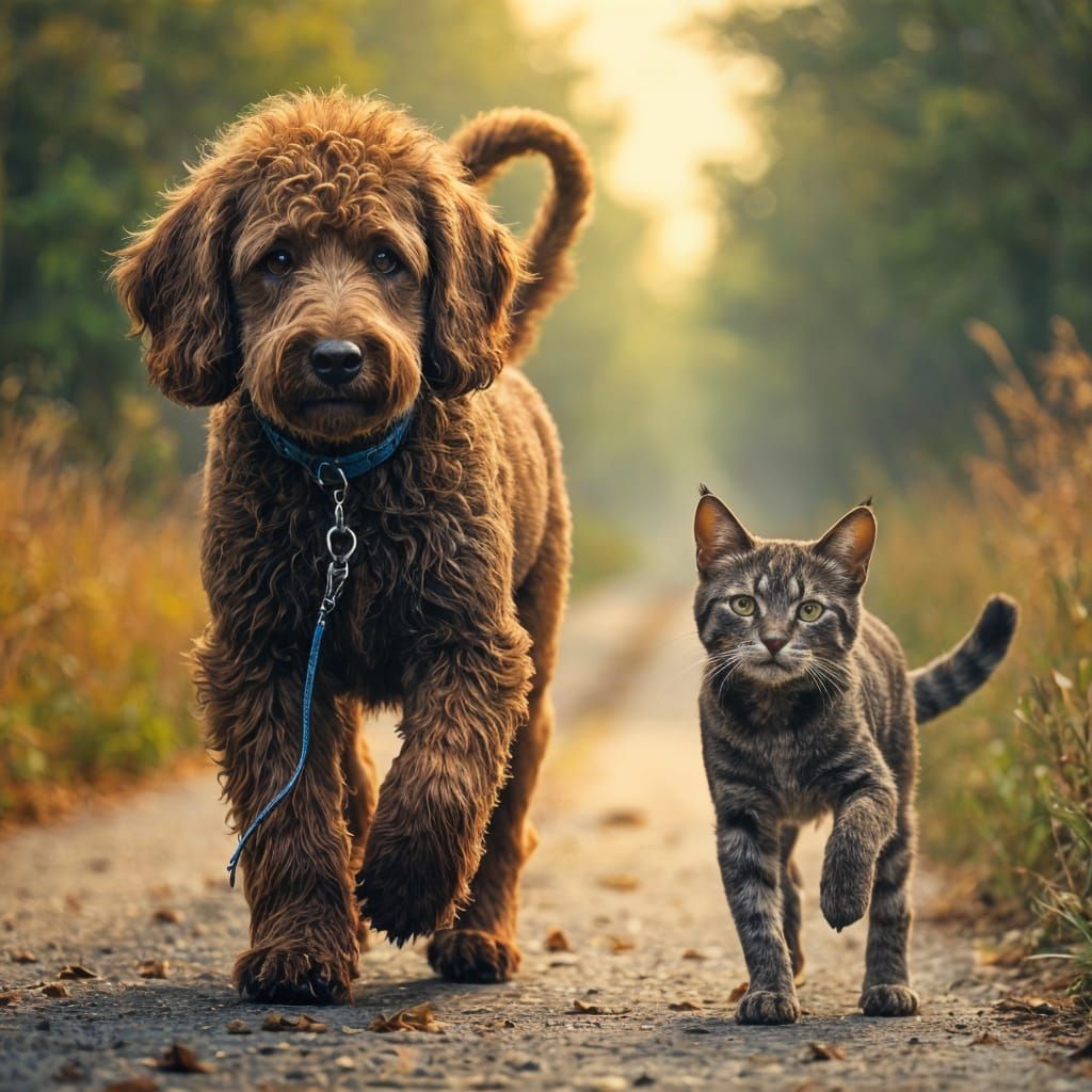 Poodle and Cat Walk in Hyperrealistic Style
