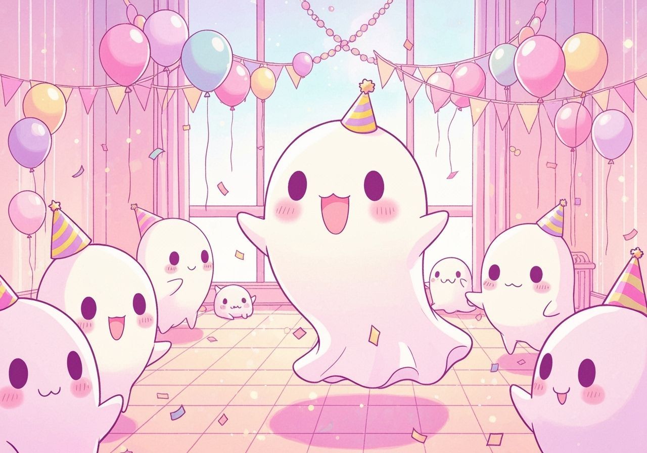 Joyful Chibi Ghosts Celebrate Birthday Party