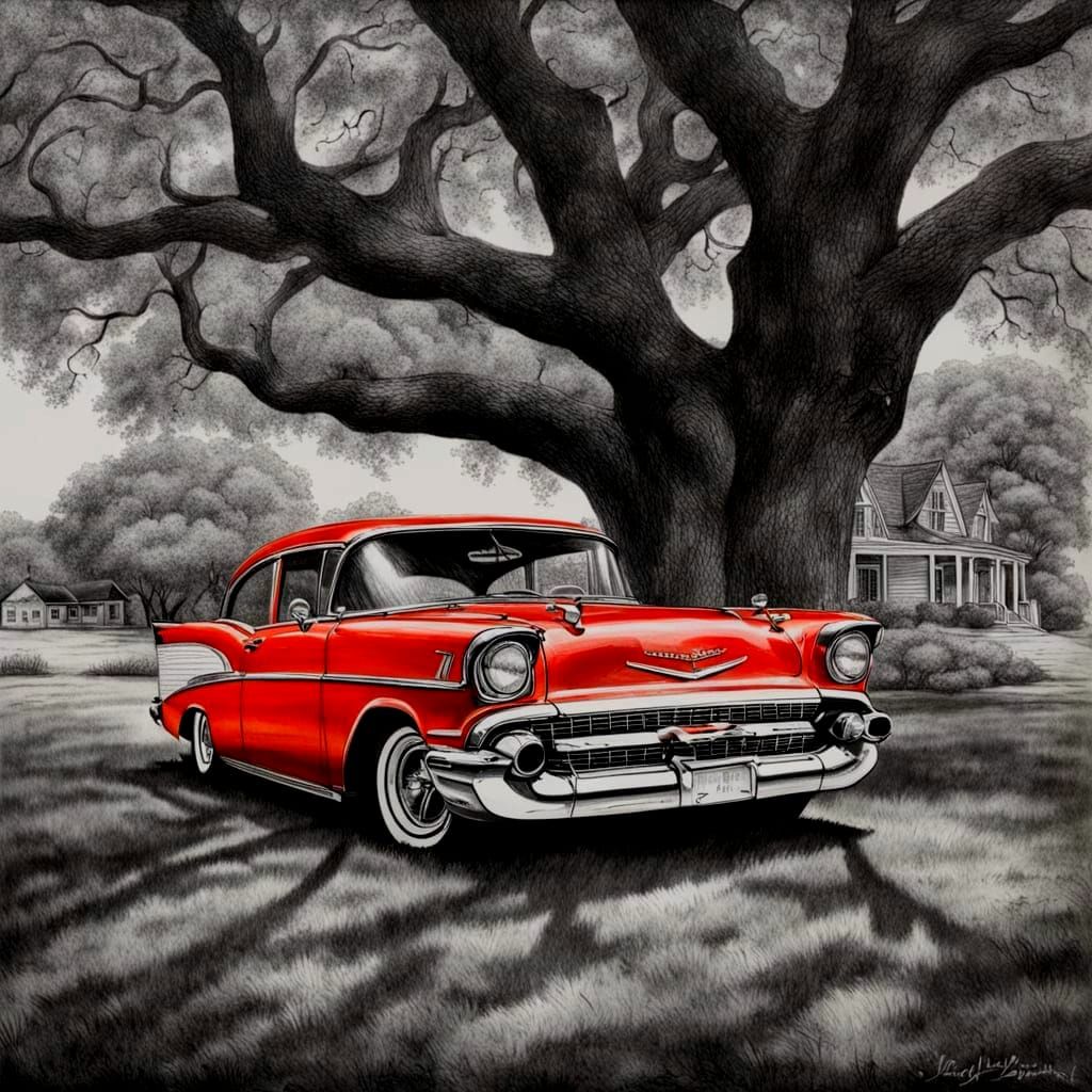 Classic Red 1957 Chevy Charcoal Drawing
