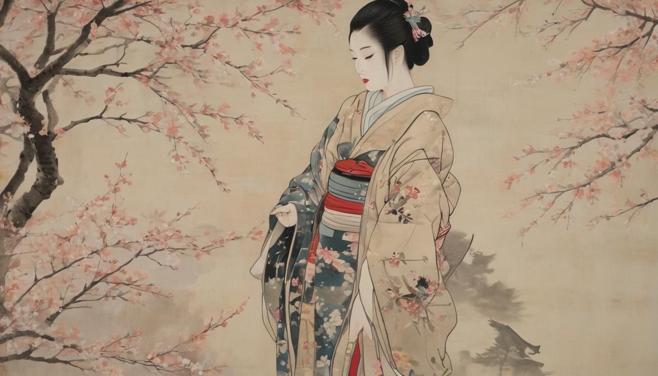 Geisha and Samurai in Garden, Ukiyo-e Style