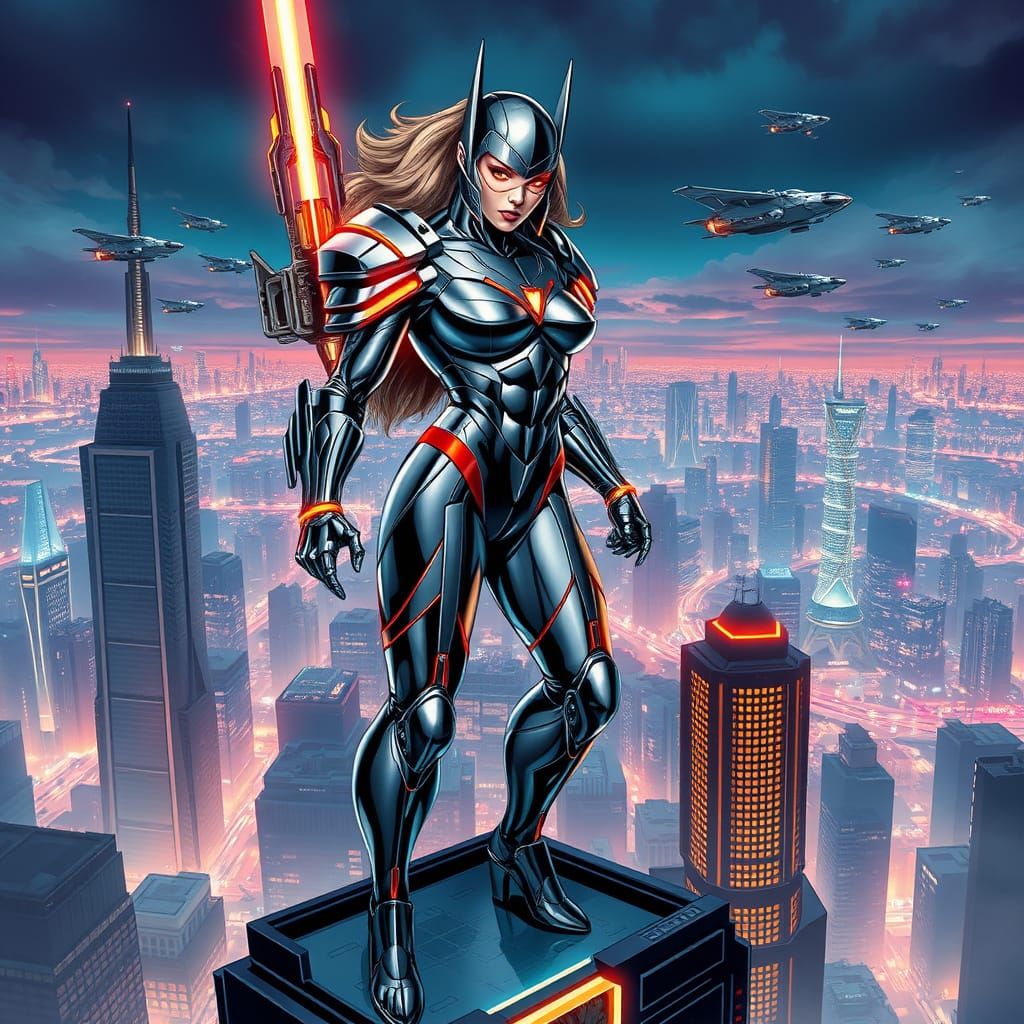 Chrome Armored Superheroine in Metropolis