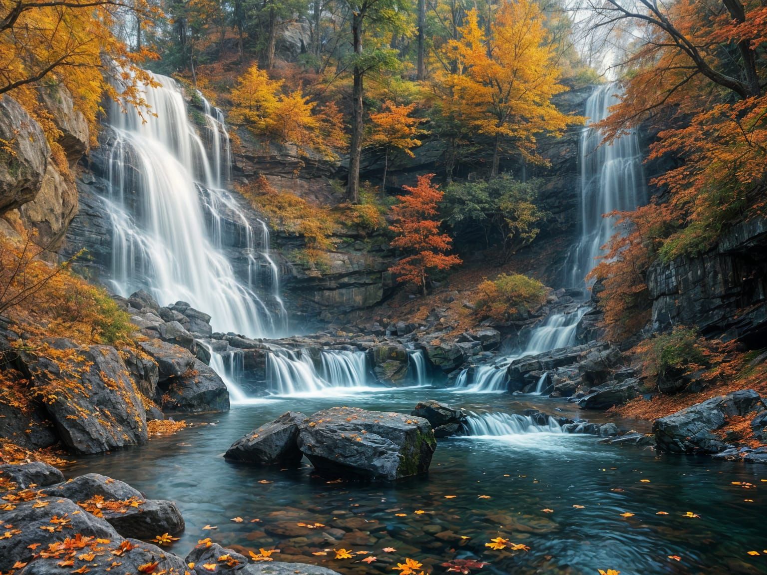 Cinematic Autumn Waterfalls in Hyperrealistic Style