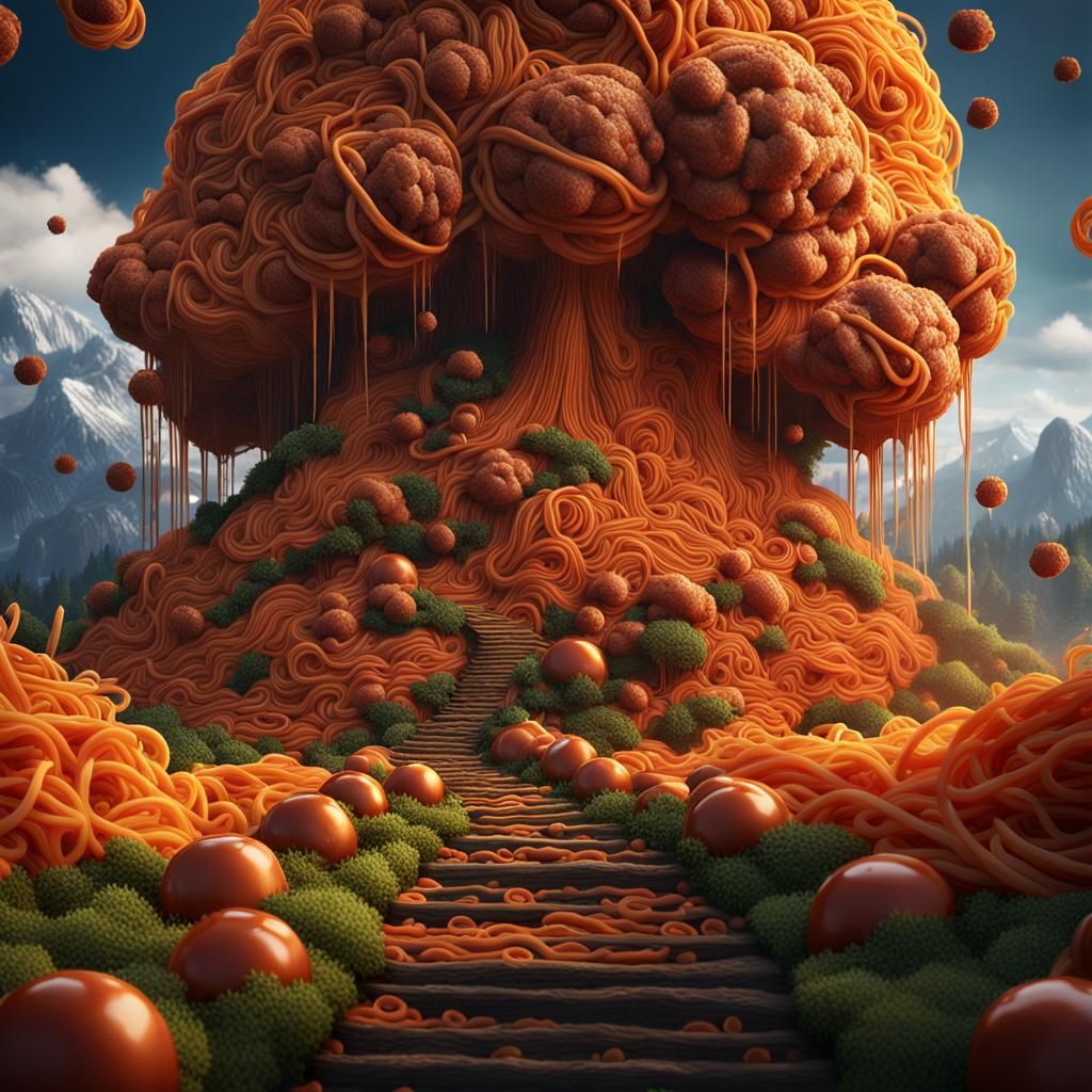 Spaghetti Mountain and Meatball Trees in Matte Painting