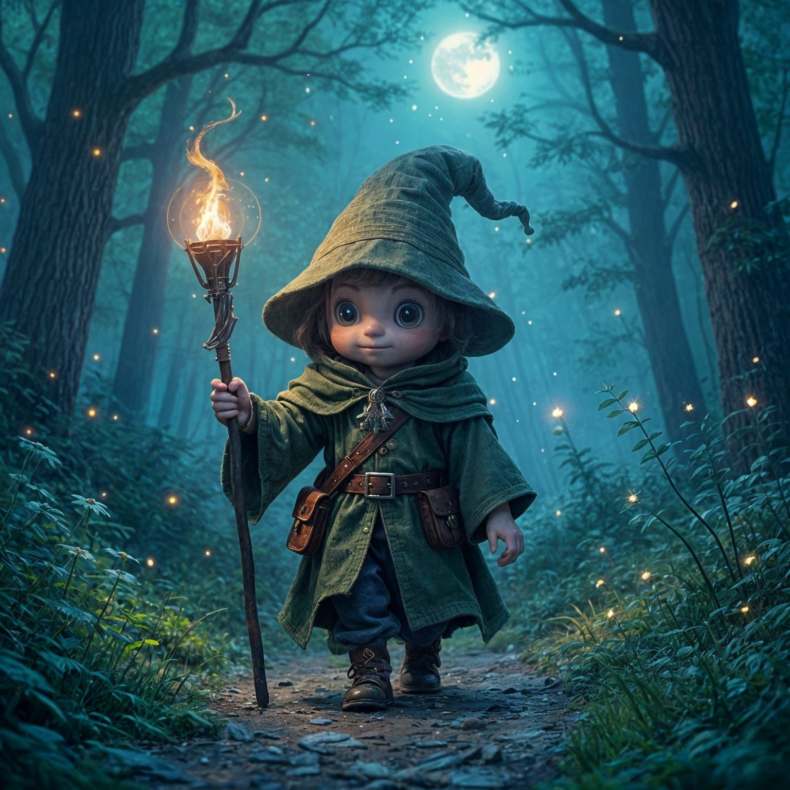 Mushroom Boy Walks in Misty Night Forest