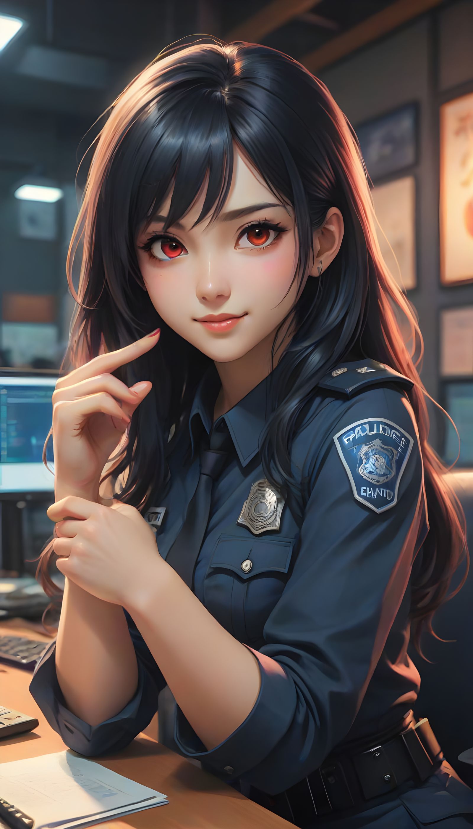 Anime Woman in Police Outfit in Office