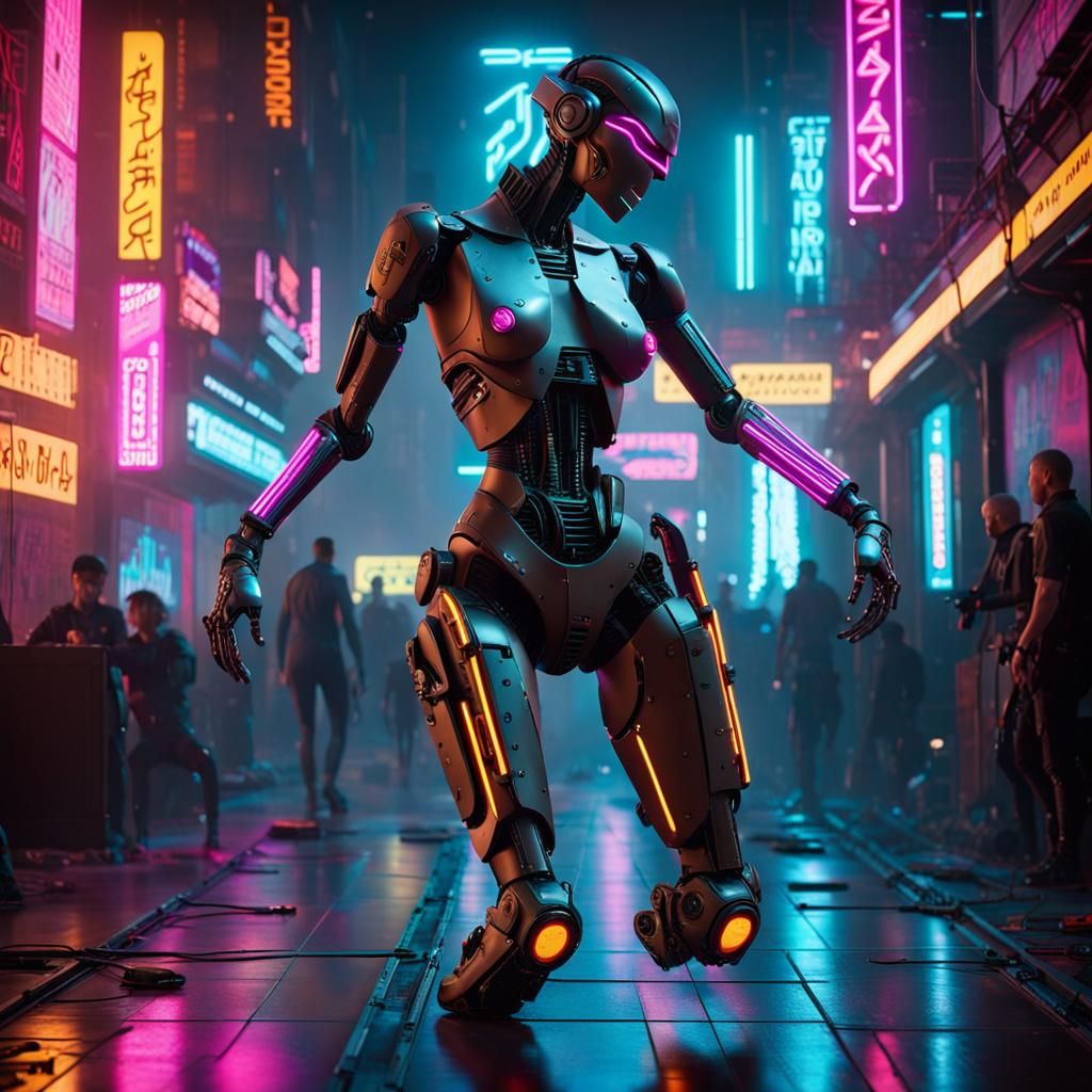 Robot Dancing in Cyberpunk Cityscape