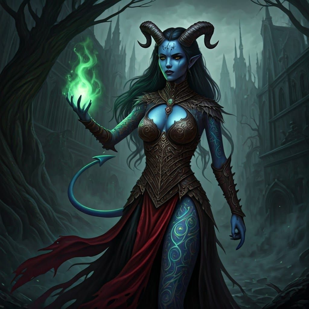Blue Devil Woman Casting Magic in Gothic City