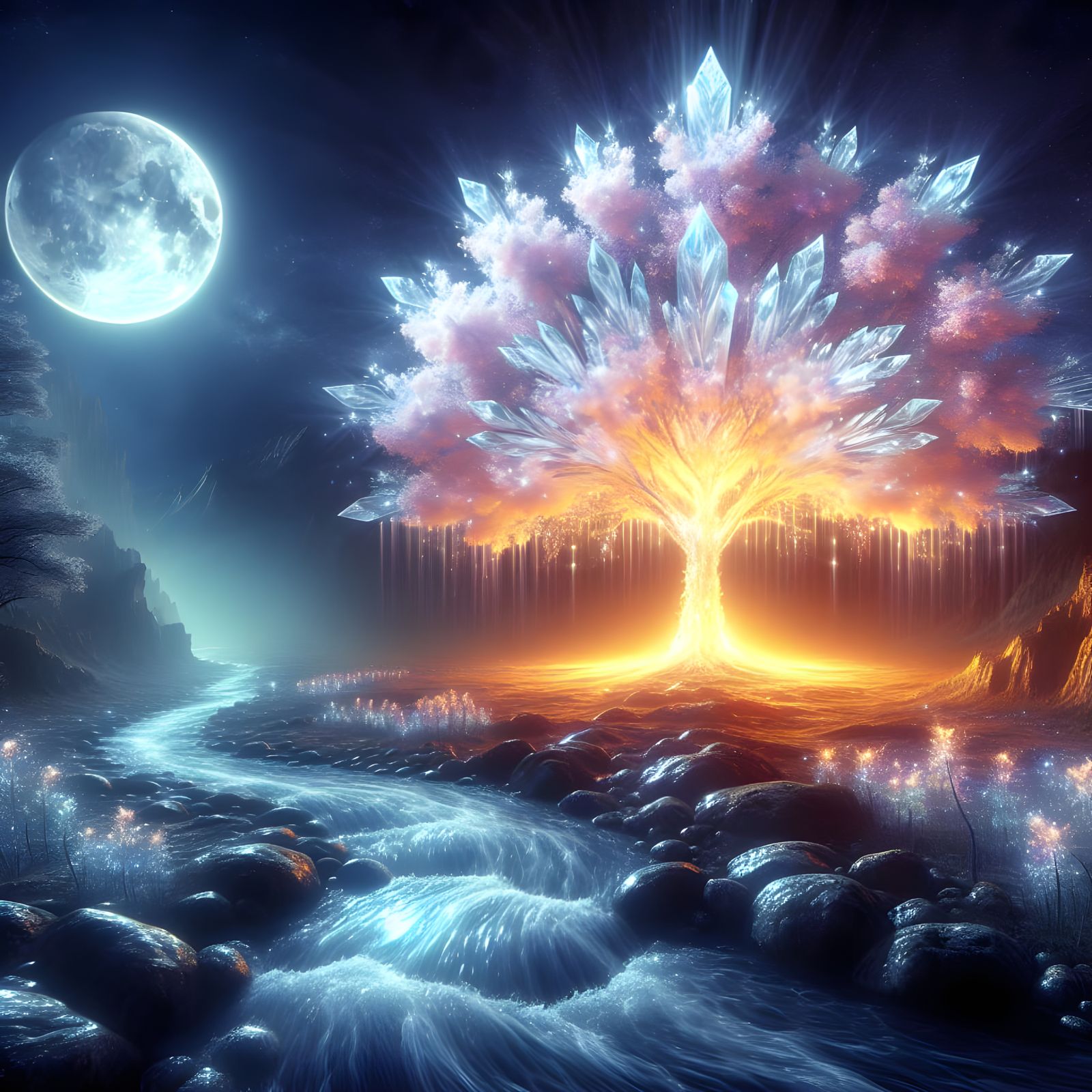 Crystal Tree Illuminates Moonlit River: Romantic Landscape