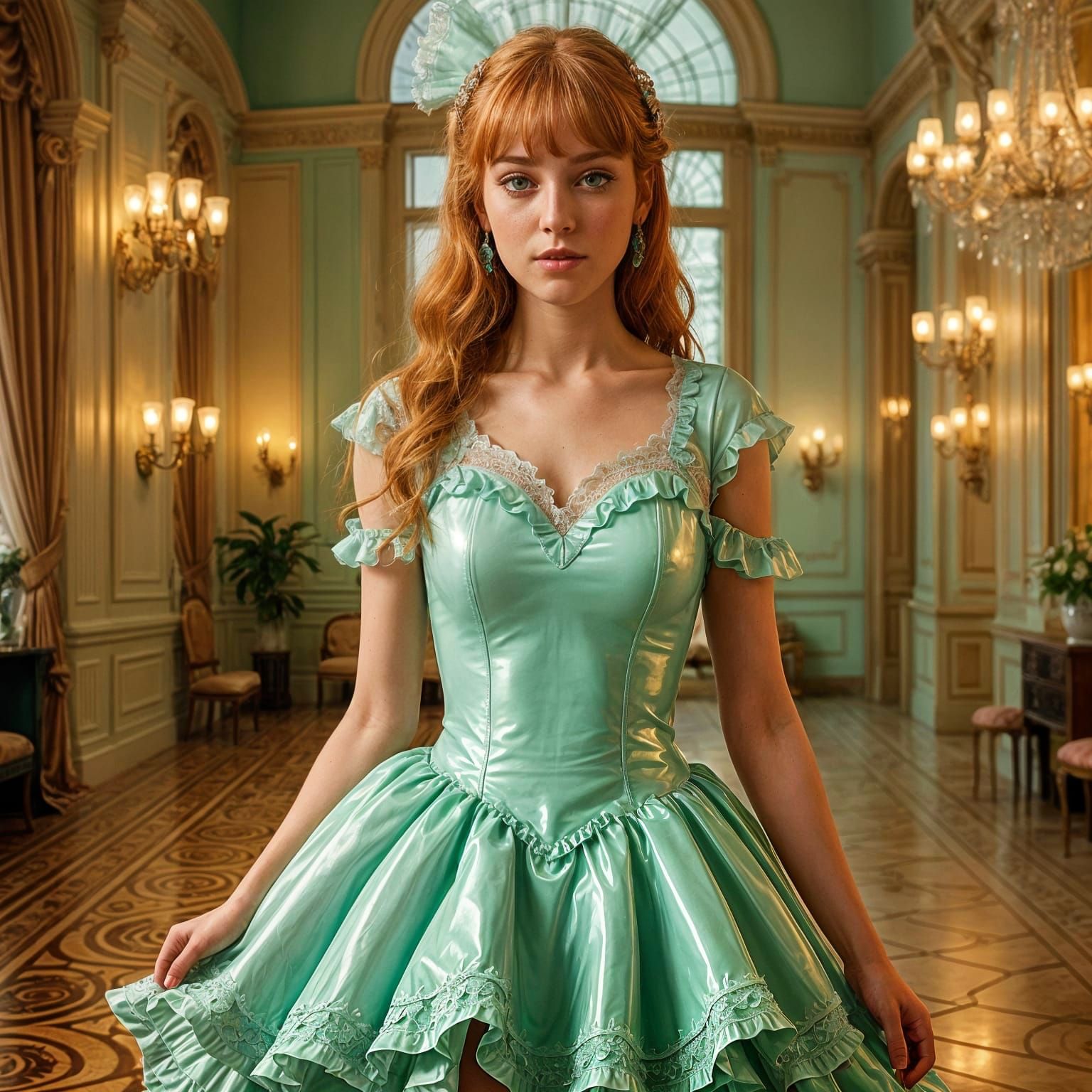 Whimsical Pastel Princess in Mint Latex Gown