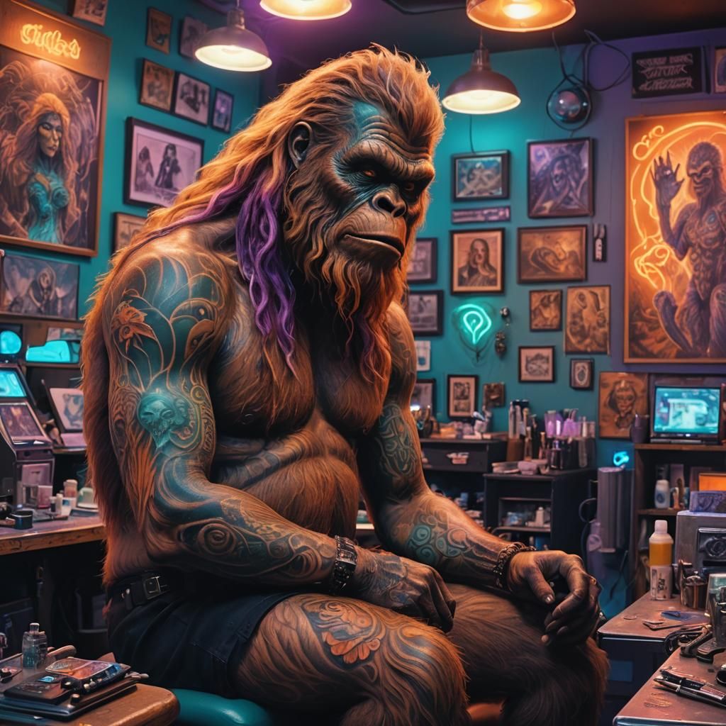 Sasquatch Tattoo: A Cinematic Oil Painting