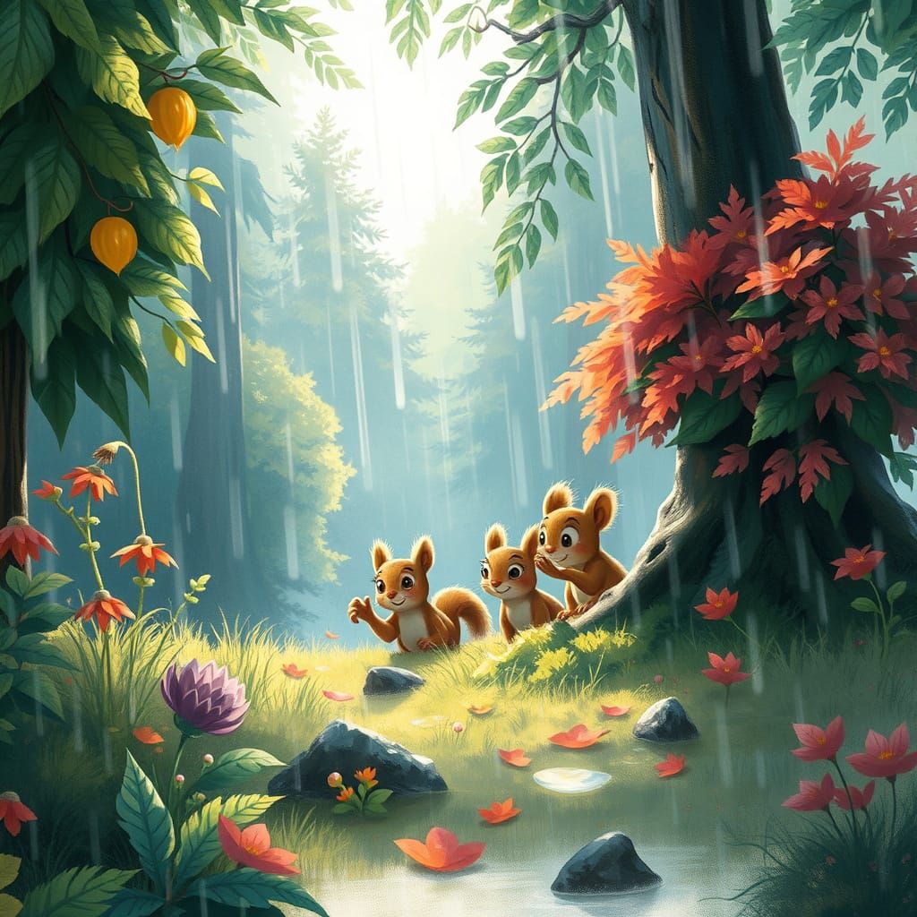 Whimsical Forest Scene in Gouache Style