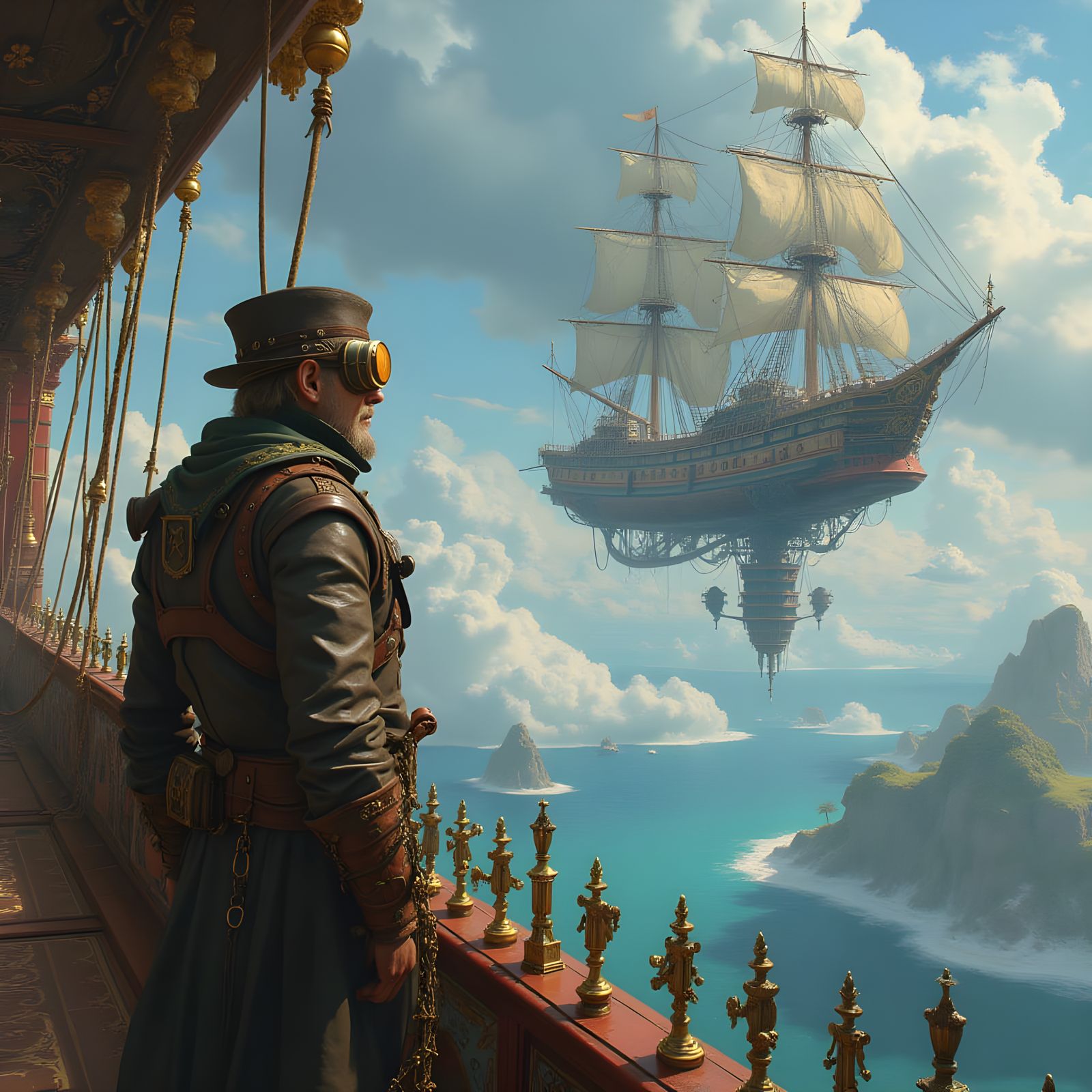 Steampunk Airship Captain Amidst Clockwork Dragons