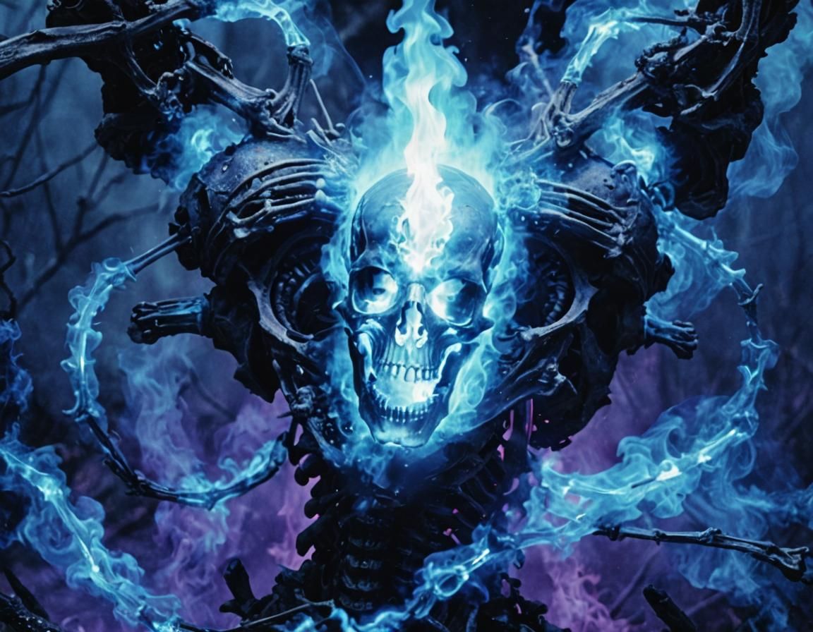 Blue Fire Skeleton in Cinematic Film Style
