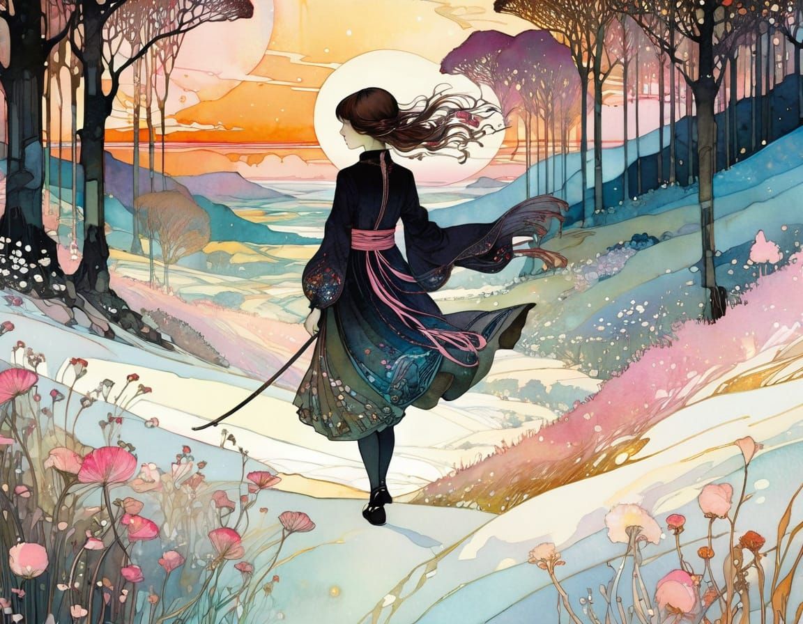 Ethereal Fairytale Landscape in Vibrant Sunset Hues