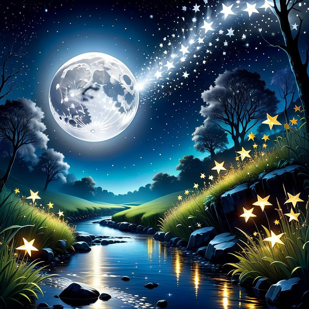 Luminous Star Lights Spill from Moon: Dreamy Illustration