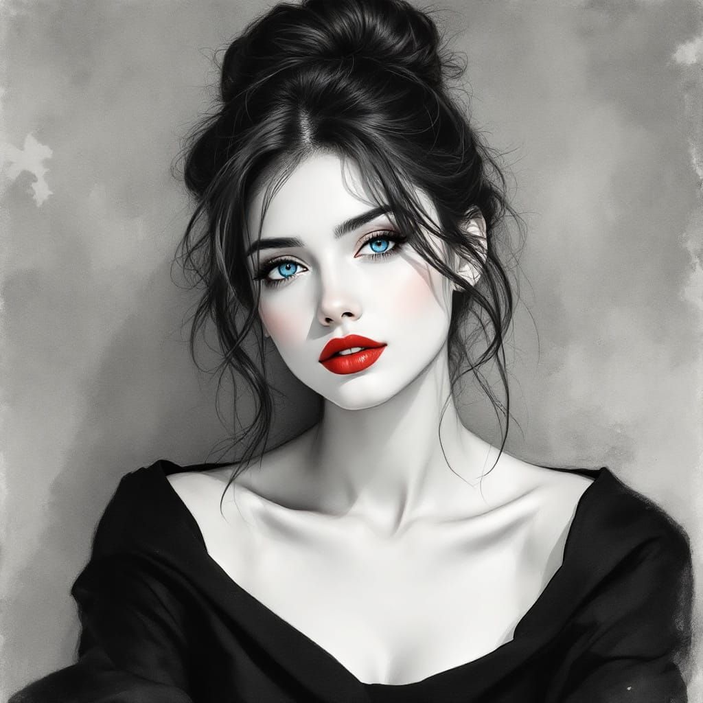 Elegant Woman in High Bun: Watercolor Art Nouveau Portrait