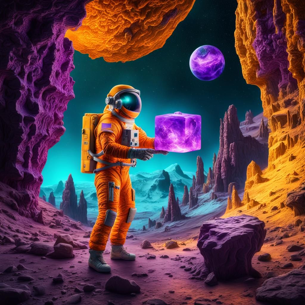 Astronaut Holds Cube on Alien World