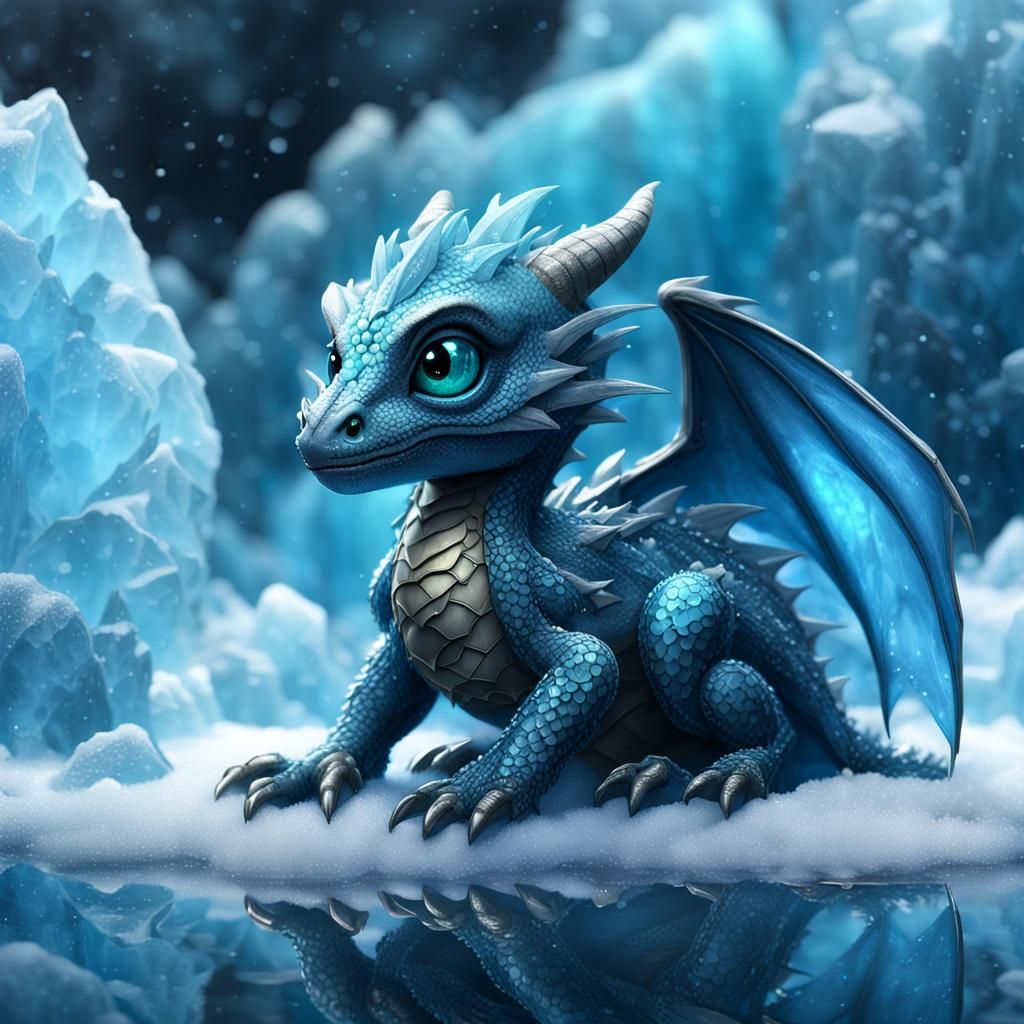 Baby Dragon Emerges in Snowy Cave: Fantasy Art