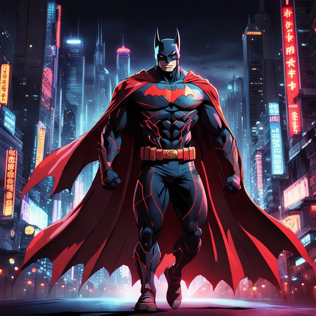 Anime Bat Superhero Striding Through Cityscape