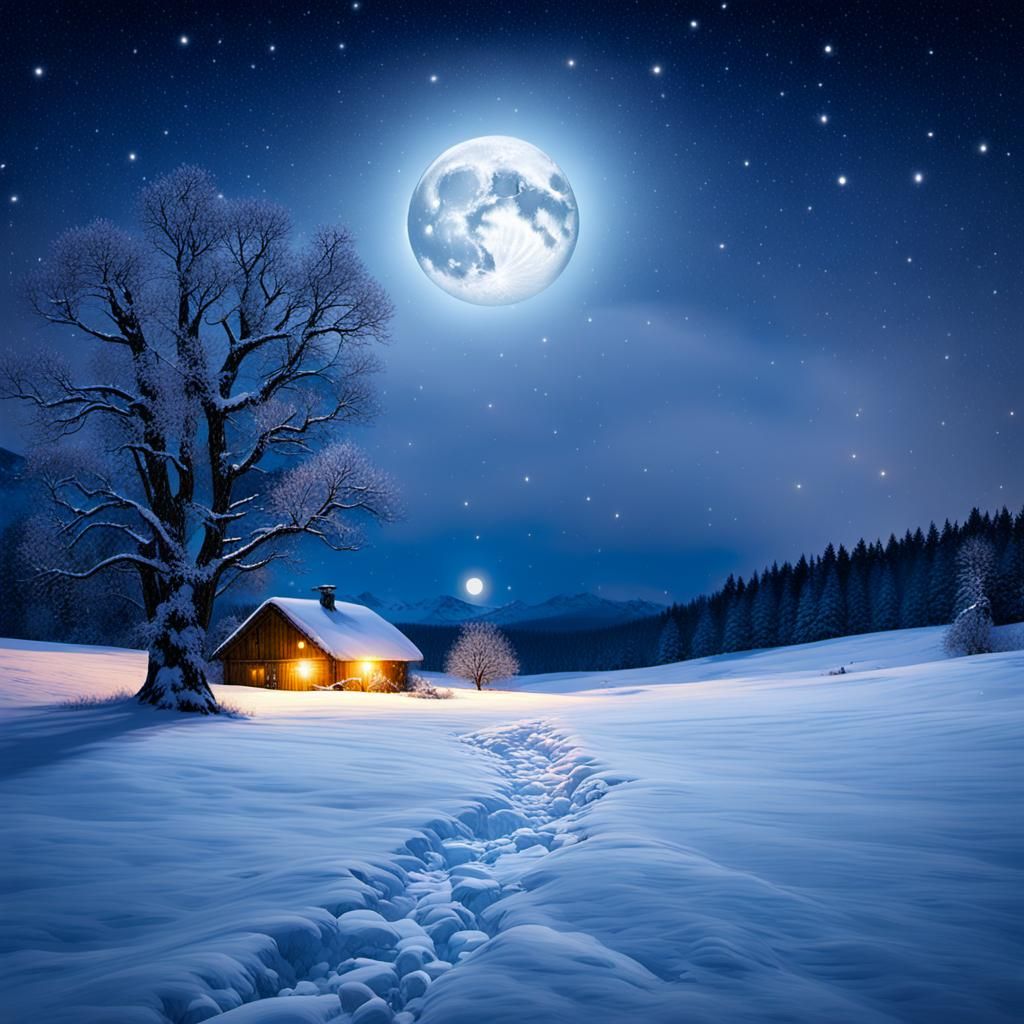Moonlit Snow Meadow at Night