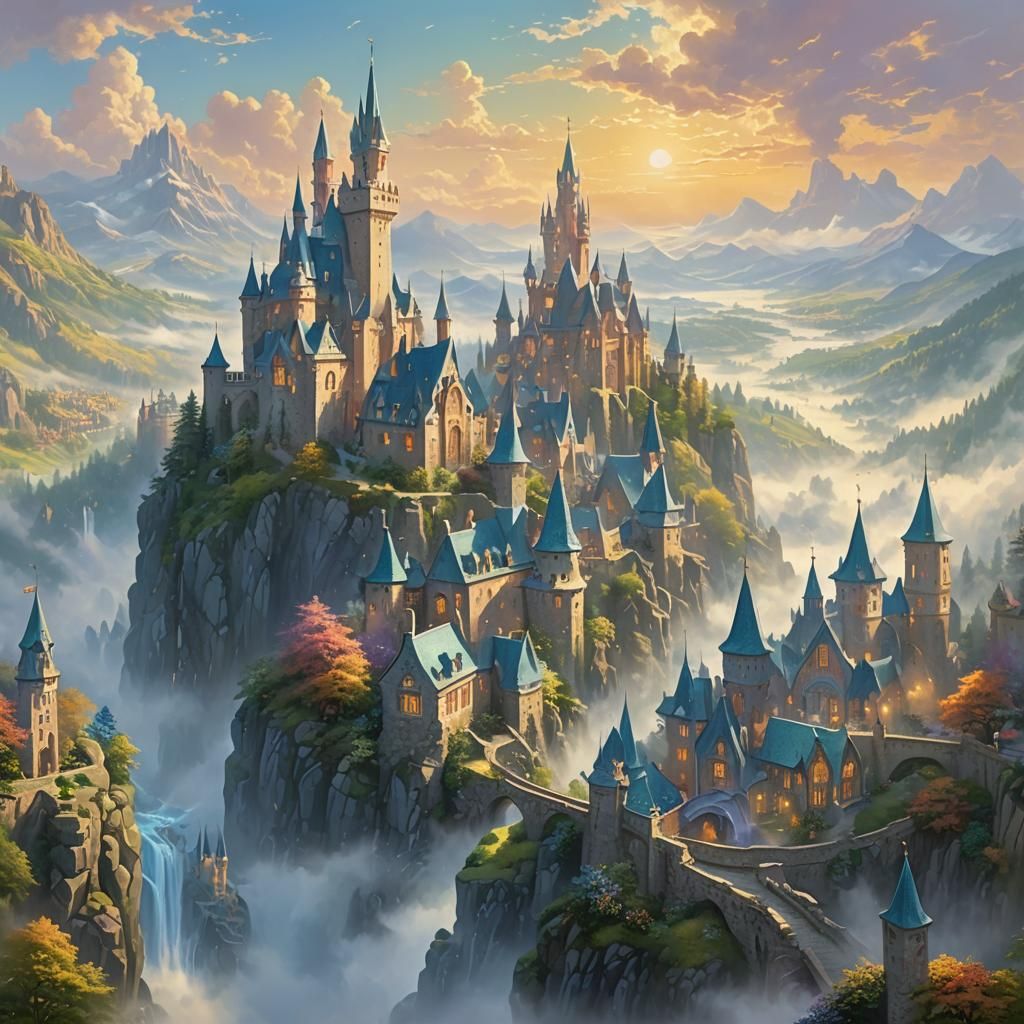 Ethereal Floating Cities in a Pastel Landscape