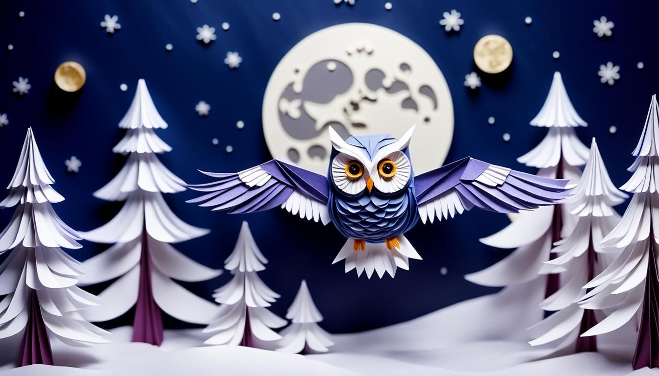 Origami Snowy Owl in Winter Forest