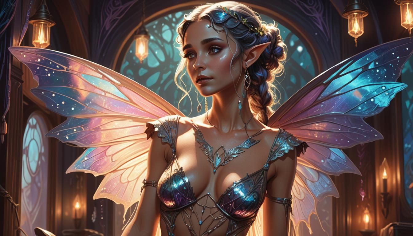 Elf Woman in Moth Outfit: Art Nouveau Digital Painting