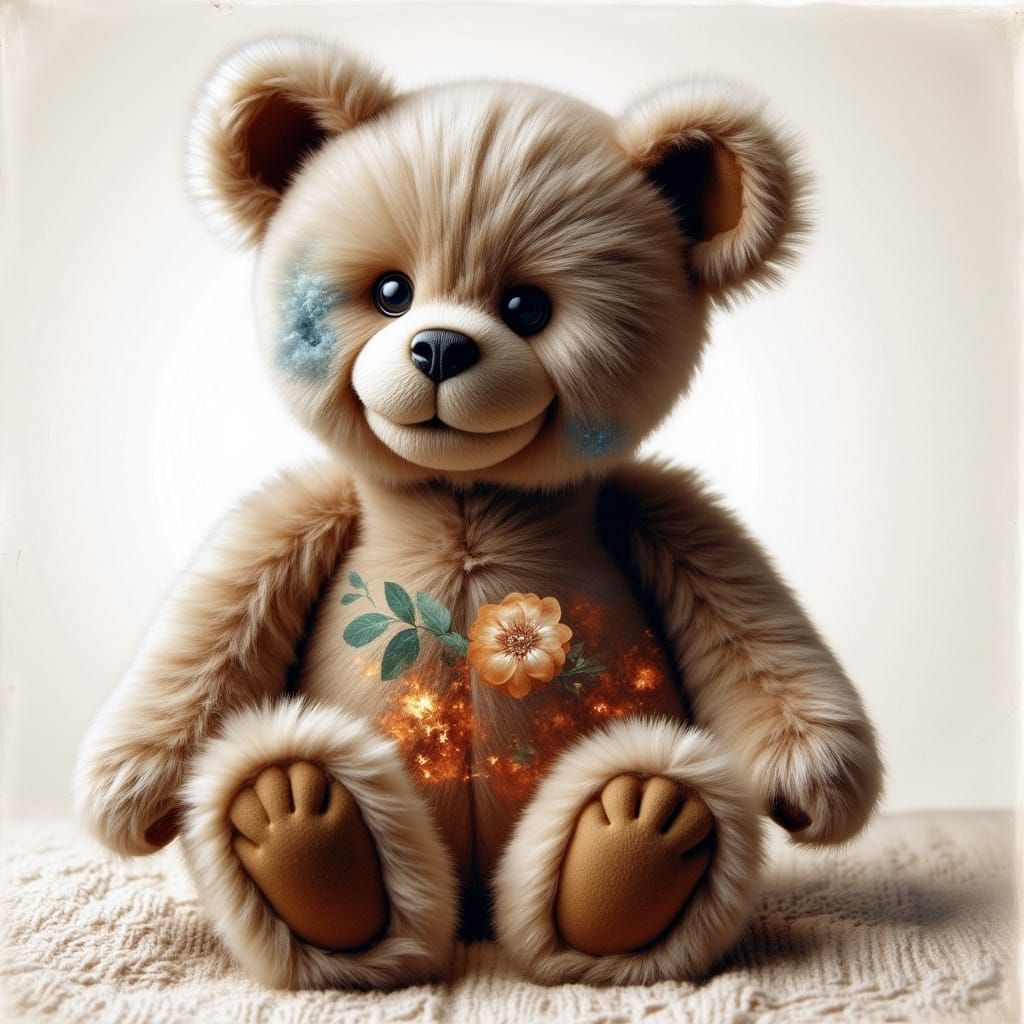 Expressive Patchwork Teddy Bear Double Exposure