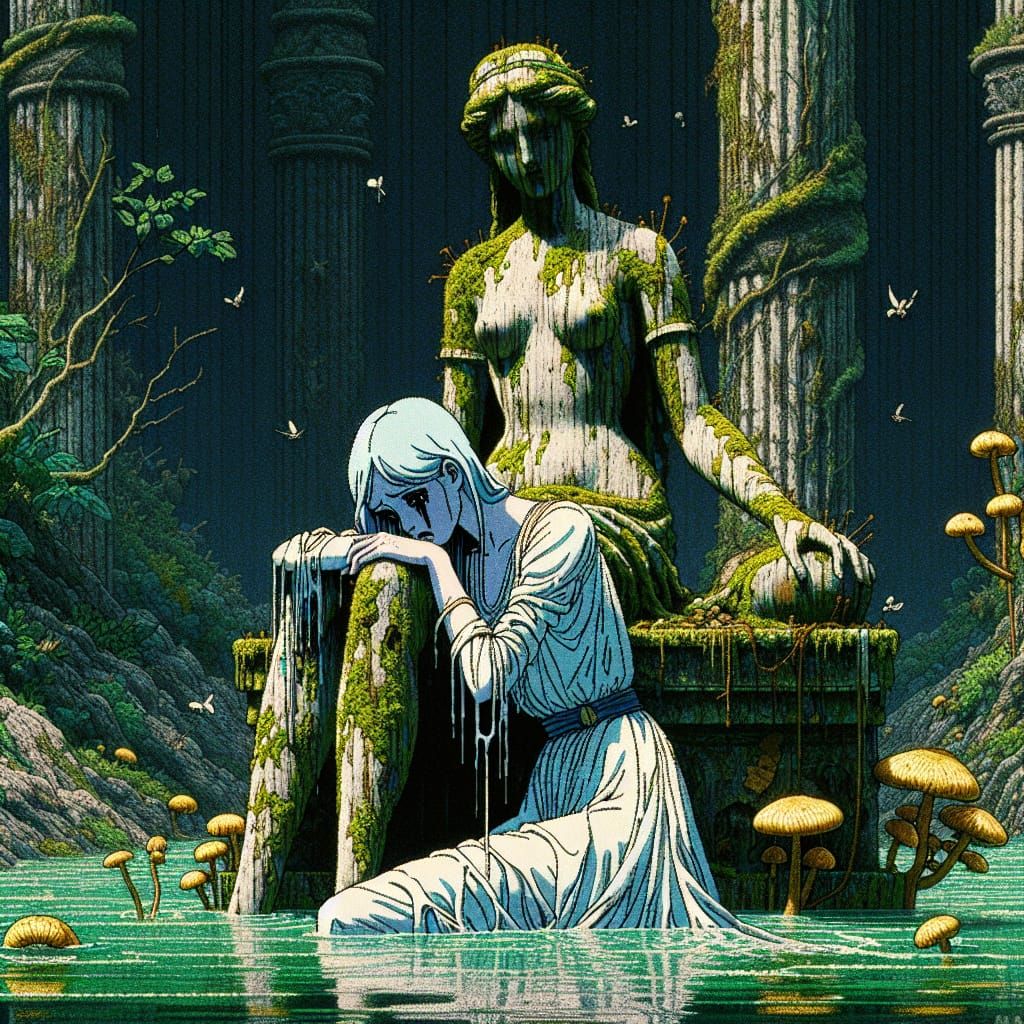 Princess in Despair Amidst a Decaying Jungle Statue
