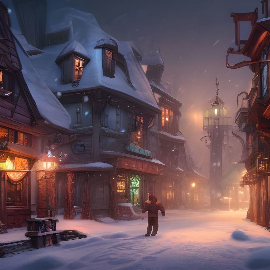 Steampunk Village in Winter Lightning Storm