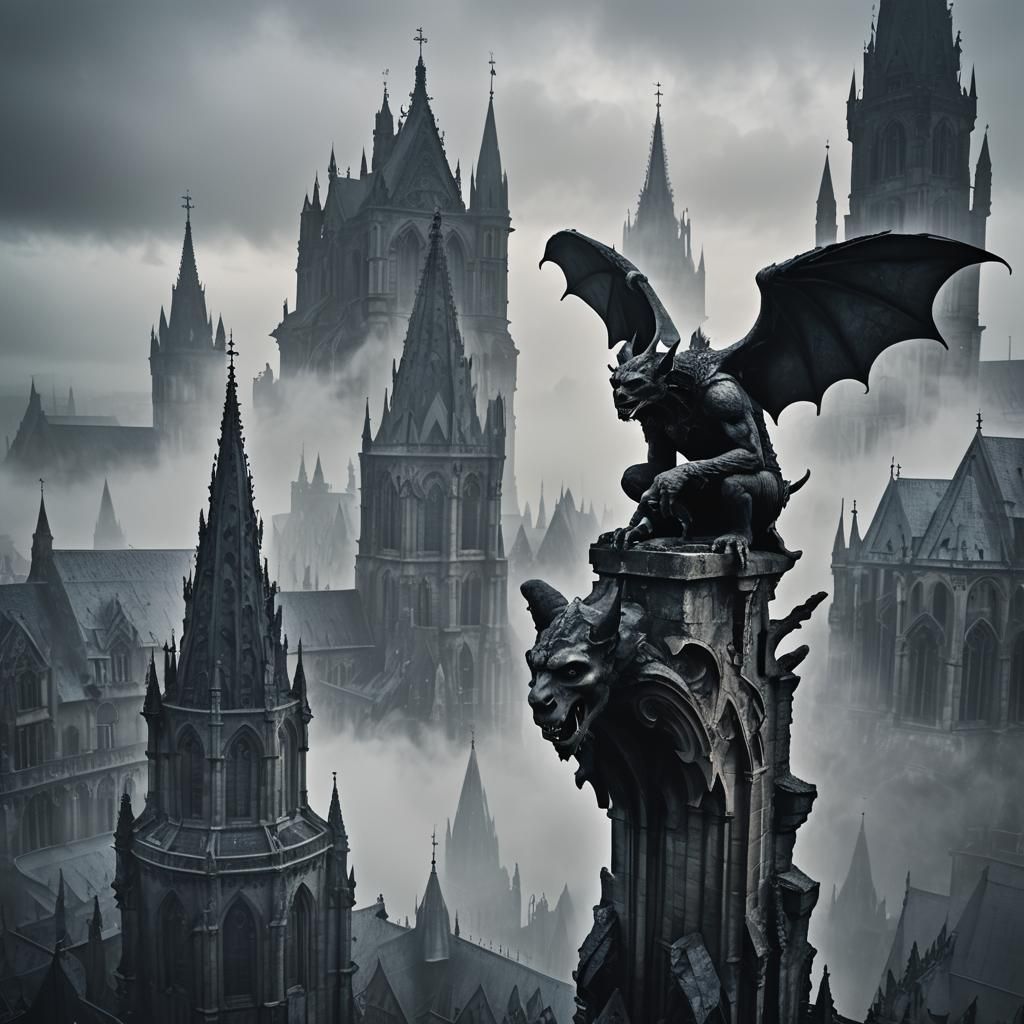Gargoyle on Gothic Cathedral in Dark Fantasy Style