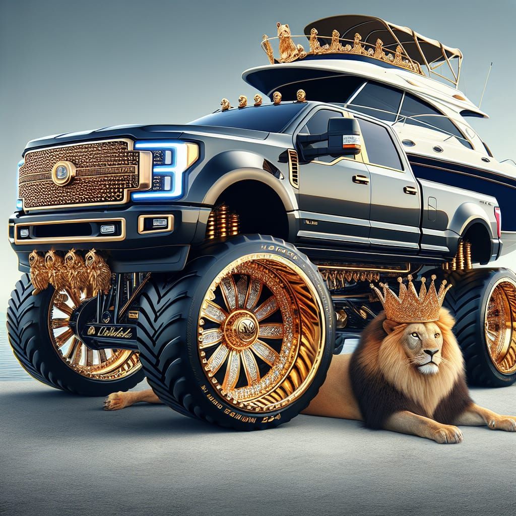 Lifted Pickup Truck Hauling Boat with Crowned Lion