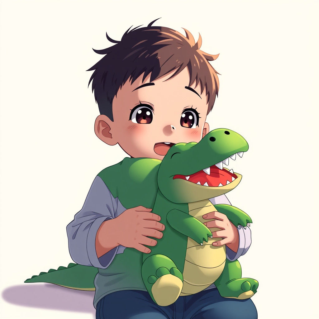 Baby Boy with Crocodile Stuffed Animal in Anime Style