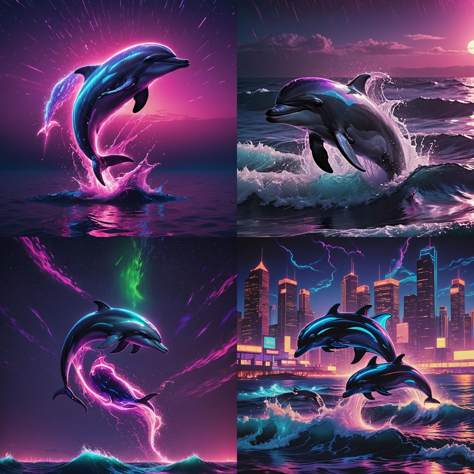 Neon Dolphin Leaps in Synthwave Night