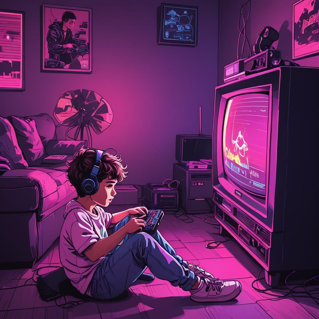 Cartoon Boy Plays Video Games in Synthwave Style