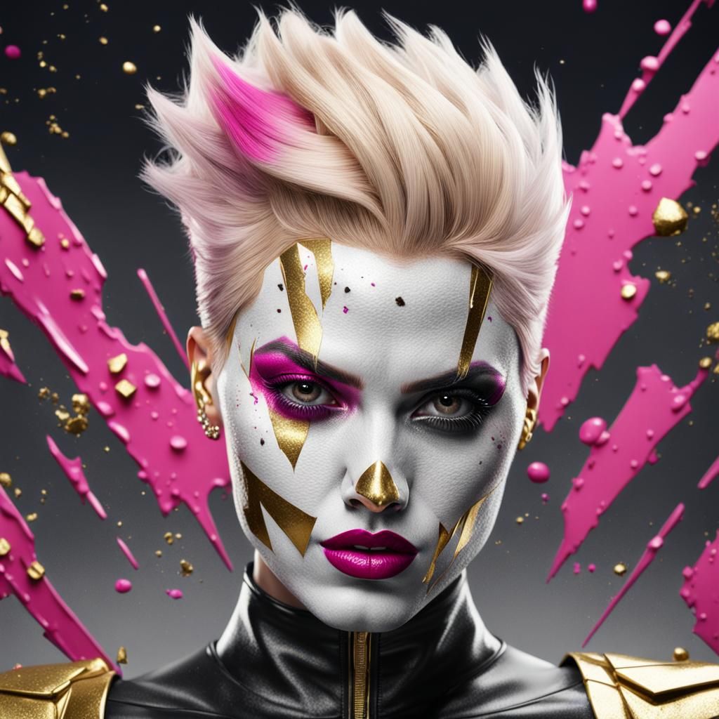 Harley Quinn with Dragon in Kintsugi-Style Cubism