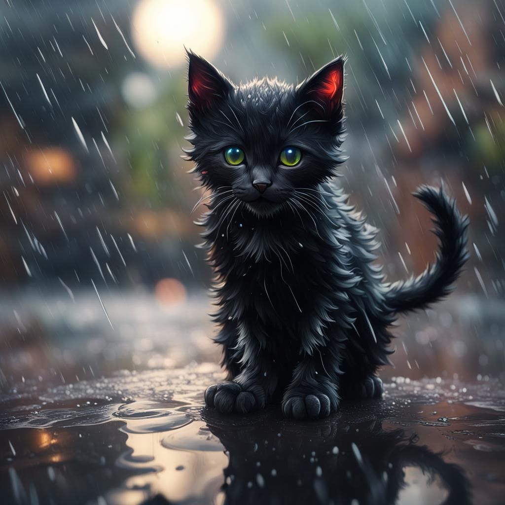 Black Kitten in Rain: Detailed Matte Painting
