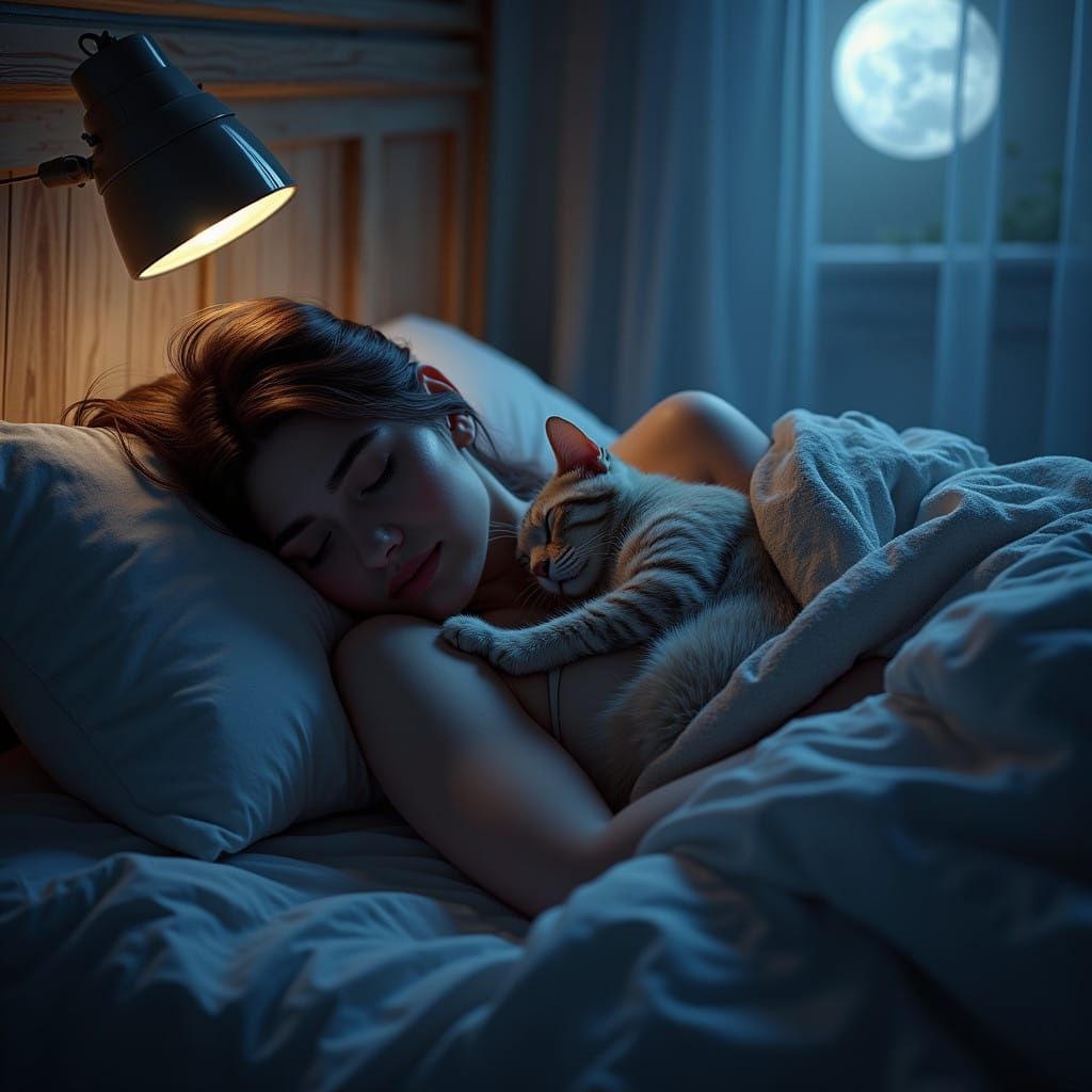 Epic Cinematic Scene of a Cat Entering a Woman's Dreams